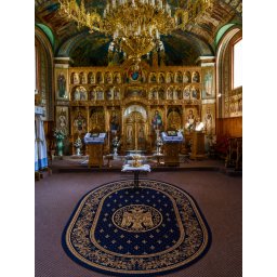 Covor Oval Bisericesc Lotos 15032-810, Imprimeu cu Vultur Bicefal, Marime 150 x 230 cm, Albastru, Inaltime Fir 8 mm, Antialergic, Polipropilena, Manastire, Biserica, Altar, Naos, Pronaos, Capela
