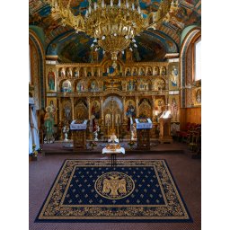 Covor Bisericesc Lotos 15077-810, Imprimeu cu Vultur Bicefal, Marime 300 x 400 cm, Albastru, Inaltime Fir 8 mm, Antialergic, Polipropilena, Manastire, Biserica, Altar, Naos, Pronaos, Capela