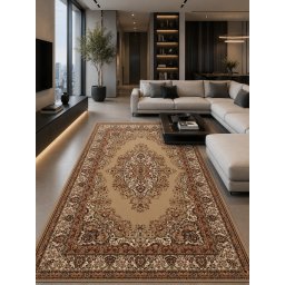 Covor Lotos 1524-110, Marime 100 x 200 cm, Bej, Maro, Inaltime Fir 8 mm, Antialergic, Polipropilena, Living, Dormitor, Sufragerie, Birou