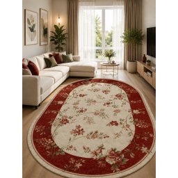 Covor Oval Lotos 551-120, Marime 100 x 300 cm, Crem, Rosu, Inaltime Fir 8 mm, Antialergic, Polipropilena, Living, Dormitor, Sufragerie, Birou