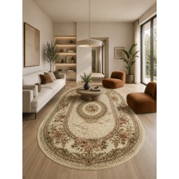 Covor Oval Lotos 571-100, Marime 80 x 150 cm, Crem, Inaltime Fir 8 mm, Antialergic, Polipropilena, Living, Dormitor, Sufragerie, Birou