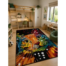 Covor Camera Copii Pisica 11011-180, Marime 160 x 230 cm, Multicolor, Inaltime Fir 9 mm, Antialergic, Polipropilena, Gradinita, Cresa, Loc de Joaca