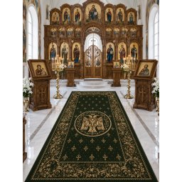 Covor Bisericesc Lotos 15032-310, Imprimeu cu Vultur Bicefal, Marime 250 x 350 cm, Verde, Inaltime Fir 8 mm, Antialergic, Polipropilena, Manastire, Biserica, Altar, Naos, Pronaos, Capela, Chilie