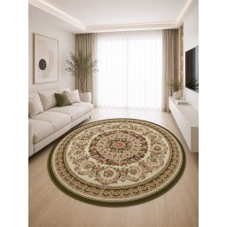 Covor Rotund Lotos 539-130, Marime 100 x 100 cm, Crem, Verde, Inaltime Fir 8 mm, Antialergic, Polipropilena, Living, Dormitor, Sufragerie, Birou