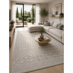 Covor Oksi 38003-100, Marime 200 x 300 cm, Alb, Gri, Inaltime Fir 6 mm, Antialergic, Polipropilena, Living, Dormitor, Sufragerie, Birou