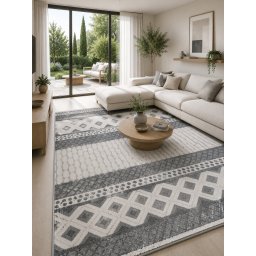 Covor Oksi 38003-616, Marime 120 x 200 cm, Alb, Gri, Inaltime Fir 6 mm, Antialergic, Polipropilena, Living, Dormitor, Sufragerie, Birou