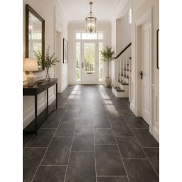Linoleum Rezidential Antiderapant Clasa 21, Belgia, Lara 8409, Suport Spuma, Grosime 2.3 mm, Imitatie Gresie, Gri, Maro, PVC, Latime 2m, Marime 200 x 500 cm