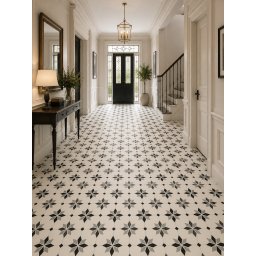 Linoleum Rezidential Antiderapant Clasa 21, Belgia, Scottsdale 099M, Suport Spuma, Grosime 2.3 mm, Imitatie Gresie, Alb, Negru, Gri, PVC, Latime 2m, Marime 200 x 700 cm