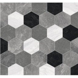 Linoleum Rezidential Antiderapant Clasa 21, Belgia, Model Pembroke 909M, Design Hexagonal, Suport Spuma, Grosime 2.3 mm, Imitatie Piatra, Alb, Gri, Negru, PVC, Latime 2m, Marime 200 x 200 cm
