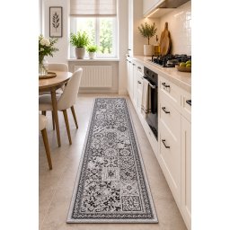 Covor Flex 19632-08, Marime 75 x 200 cm, Gri Bej, Inaltime Fir Tesatura plata, Antialergic, Polipropilena, Bucatarie