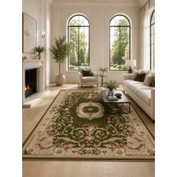 Covor Lotos 15002-310, Marime 250 x 350 cm, Verde, Crem, Inaltime Fir 9 mm, Antialergic, Polipropilena, Living, Dormitor, Sufragerie, Birou