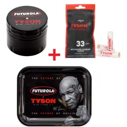 Futurola x Tyson 2.0 Set Grinder negru Ø63mm + Filtre cu carbune activ Purize Extra Slim 6mm albe x33 + Tava de rulat 34 x 27,5cm (USA)