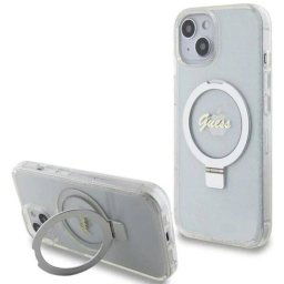 Husa Guess Ring Stand Glitter MagSafe pentru iPhone 15 Transparent