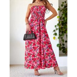Resti Patterned women's midi dress without sleeves with a wide elastic band and slits at the bottom
