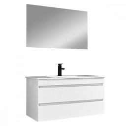 Mobilier de baie Cube 100 cm cu chiuvetă ceramică (2 sertare) și oglindă 60x100 cm vopsită în alb lucios