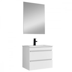 Mobilier de baie Cube 60 cm cu lavoar ceramic (2 sertare) și oglindă 60x80 cm vopsit în alb lucios