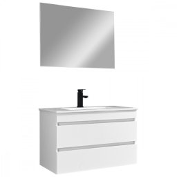 Mobilier de baie Cube 80 cm cu lavoar ceramic (2 sertare) și oglindă 60x80 cm vopsit în alb lucios