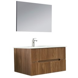 Mobilier de baie Trent 100 cm cu chiuvetă ceramică (2 sertare) și oglindă 60x100 cm stejar apus de soare