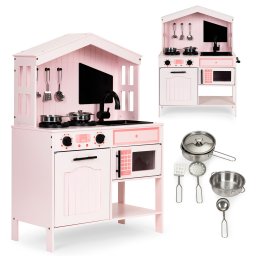 Bucătărie de jucărie din lemn, cuptor, arzătoare cu microunde, accesorii