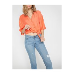 Koton femeii Red Short Sleeve V Gât Cravată Talie Shirt