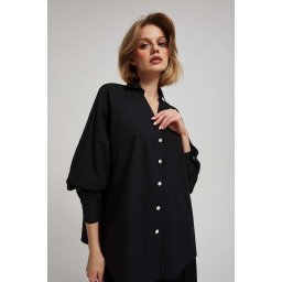 Marisse Black Shirt With Decorative Buttons And Puffed Sleeves