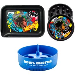 Set sustenabil Santa Cruz Shredder x Wiz Khalifa Tava de rulat + Grinder + Scrumiera Bowl Buster albastra (USA)