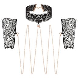 Rosy Gold - set zgardă și cătușe pentru mâini - piele sintetică neagră