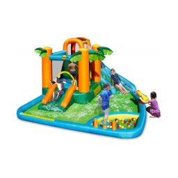 Saltea gonflabila oasis 7 in 1, cu loc de joaca cu bile, tun cu apa, spatiu de catarat, doua tobogane, 30 bile plastic inlcuse
