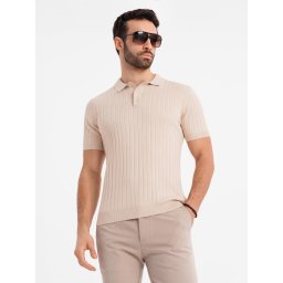 Ombre Men's SLIM FIT viscose vertical striped polo shirt - beige
