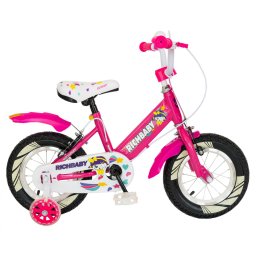 Bicicleta fete Rich Baby R1408A, roata 14 , C-Brake, roti ajutatoare cu LED, 3-5 ani, fucsia alb