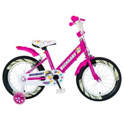 Bicicleta fete Rich Baby R1808A, roata 18 , C-Brake otel, roti ajutatoare cu LED, 5-7 ani, fucsia alb