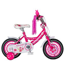 Bicicleta fete Rich Baby T1201C, roata 12 , C-Brake, roti ajutatoare, 2-4 ani, fucsia alb