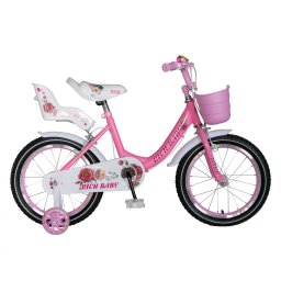 Bicicleta fete Rich Baby 4-6 Ani, Roti 16 Inch, Frane C-Brake, Roti Ajutatoare, Rich Baby CST16 05C Cadru Roz cu Design Alb