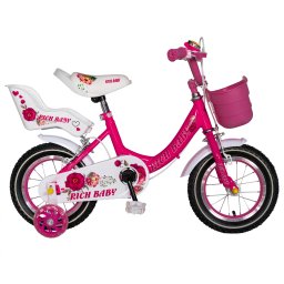 Bicicleta fete Rich Baby 2-4 Ani, Roti 12 Inch, Frane C-Brake, Roti Ajutatoare, Rich Baby CST12 05C, Cadru Fucsia cu Design Alb