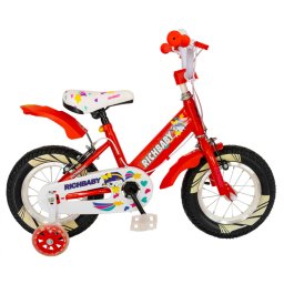Bicicleta fete Rich Baby 3-5 Ani, Roti 14 Inch, Frane C-Brake, Roti Ajutatoare cu LED, Rich Baby CSR14 08A, Cadru Rosu cu Design Alb