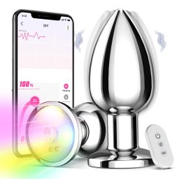SuperLove Powerful Glowing Vibrating Metal Butt Plug with Remote & App Medium