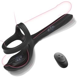 SuperLove Double Penetration 3in1 Vibrating Cock Ring & Testicles Stimulator with Remote Black