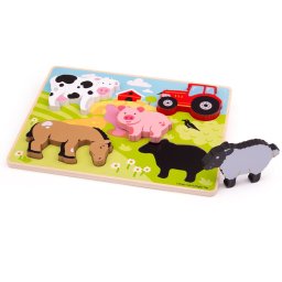 Puzzle din lemn BigJigs Toys, In ograda, animale de la ferma, 30 x 22.5 x 2.1 cm, 12 luni+
