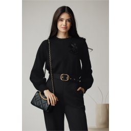Bluza DY Fashion casual din jerse neagra cu floare din organza