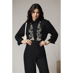 Camasa office din bumbac neagra cu broderie