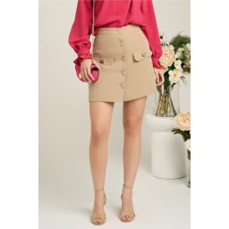 Fusta DY Fashion scurta office din stofa bej cu nasturi