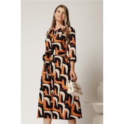 Rochie midi tip camasa maro cu imprimeuri negre si cordon in talie