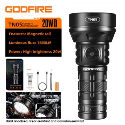 Lanterna LED Godfire TN05, 20W, 1600lm, 362m, IP55, magnet, USB-C, 5 moduri, Lumina de urgenta