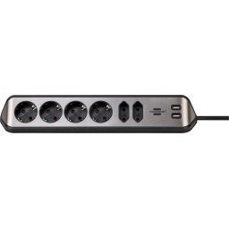 Prelungitor pentru perete/colt Brennenstuhl Estilo, 6 prize, 2xUSB, 3.1 A, cablu H05VV-F 3G1.5, 2m, Argintiu/Negru