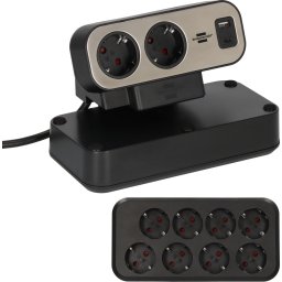 Prelungitor pentru birou Brennenstuhl estilo Duplex Desktop, 10 prize, 1 USB, 1 USB-C 30W, intrerupator iluminat, fixare cu surub, IP20, cablu H05VV-F 3G1.5, 2m, Argintiu/Negru