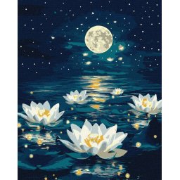 Set pictura pe numere, cu sasiu, Lotusi sub lumina lunii - extra culori metalizate, 40x50 cm