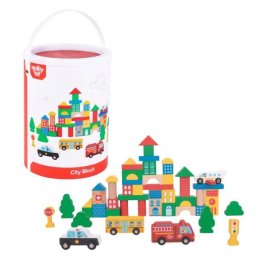 Tooky Toy: Cuburi colorate din lemn și mașinuțe în găleată - set de 50 bucăți