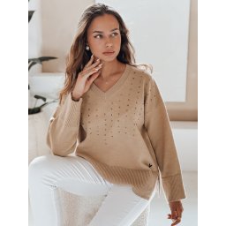 Pulover cu decolteu în V, culoarea cămilă