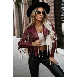 624-2 Short jacket with fringes made of soft eco-leather - burgundy