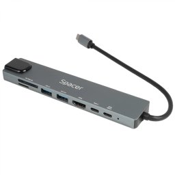 DOCKING Station Spacer universal 8 in 1, conectare Type-C, USB 3.0 x 2USB Type C x 1PD 87W x 1HDMI x 1 4K (30Hz)RJ-45 (1000Mb/s) SD Cardx1 TF (MicroSD)x1, Gri, Aluminiu, SPDS-TypeC-CHUPSG-8in1 (timbru verde 0.18 lei)